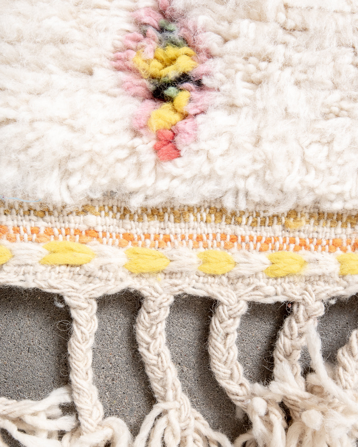 Modern, designer, handcrafted Berber rug from Morocco. Beniourain carpet with beautiful colours and patterns and fluffy wool texture.